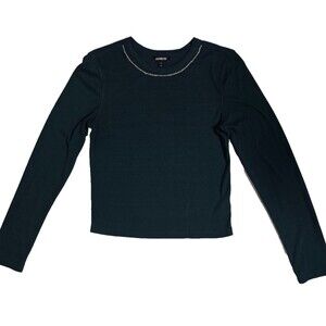 Express Rhinestone Crew Neck Long Sleeve Women's Crop Dark Green Size S